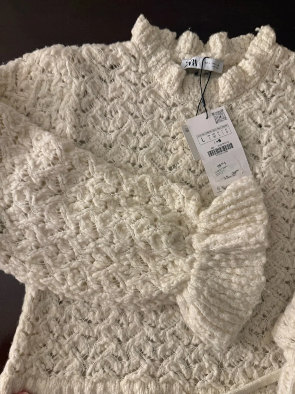 Zara Cream Textured Knit Short-Sleeve Sweater with Drawstring - Picture 5 of 6